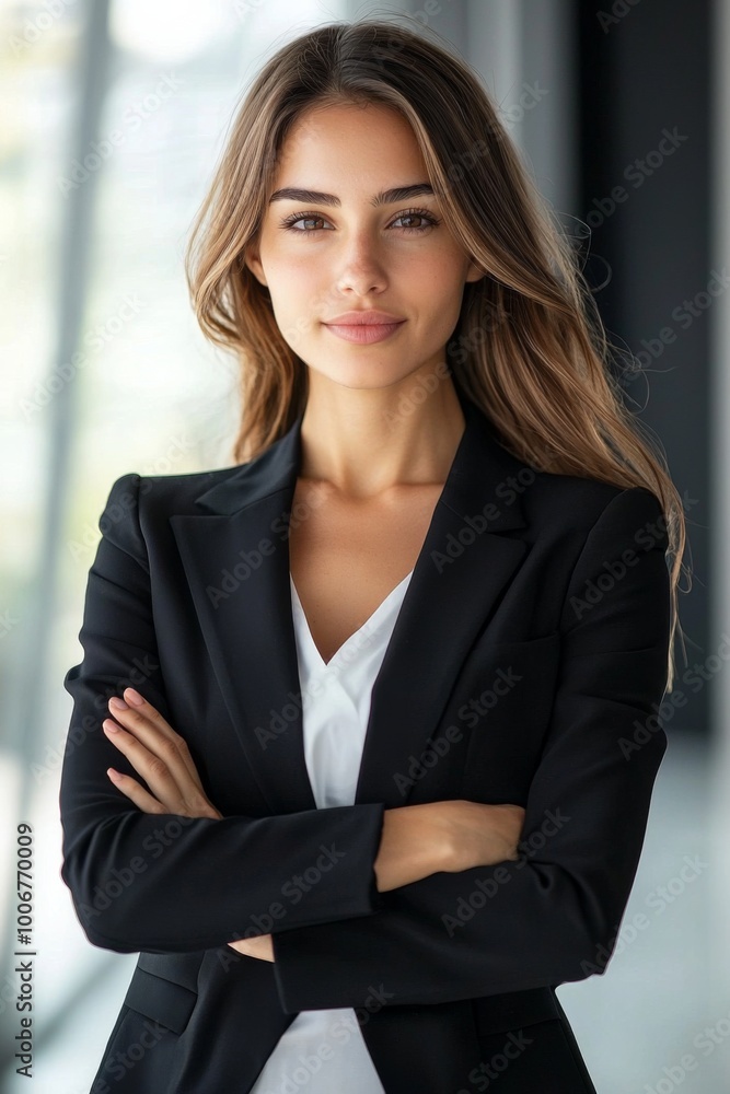 A businesswoman stands with her arms crossed A businesswoman stands with her arms crossed