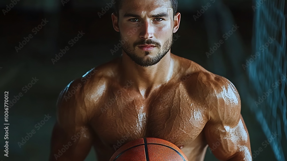 Muscular man holding basketball, looking intense. Muscular man holding basketball, looking intense.