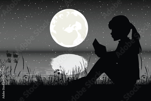 Cute Child and Moon Silhouette