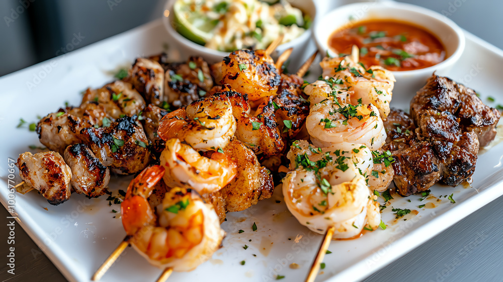 A delicious platter of grilled shrimp and meat skewers with dipping sauces. A delicious platter of grilled shrimp and meat skewers with dipping sauces.