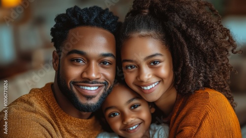 A joyful family portrait capturing a father with two daughters sharing smiles and warmth in a cozy living room during the afternoon