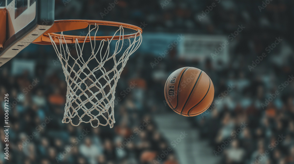 A moment in a basketball game where a basketball is about to make contact with the hoop. The basketball is in the foreground, appearing as a round, orange object with black stripes A moment in a basketball game where a basketball is about to make contact with the hoop. The basketball is in the foreground, appearing as a round, orange object with black stripes