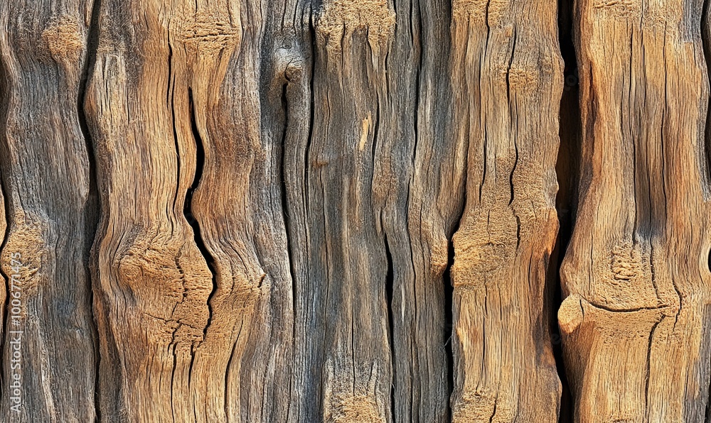 Close-up of weathered wood texture with deep cracks and knots. Close-up of weathered wood texture with deep cracks and knots.