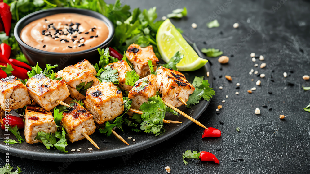 Delicious grilled chicken skewers served with spicy sauce and fresh greens. Delicious grilled chicken skewers served with spicy sauce and fresh greens.