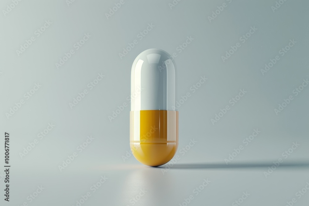 In minimalist product photography, a white and yellow capsule pill with modernist design is elegantly displayed against a light white background. In minimalist product photography, a white and yellow capsule pill with modernist design is elegantly displayed against a light white background.