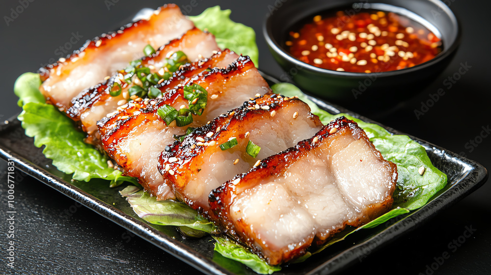 Delicious grilled meat slices served on a bed of lettuce with dipping sauce. Delicious grilled meat slices served on a bed of lettuce with dipping sauce.