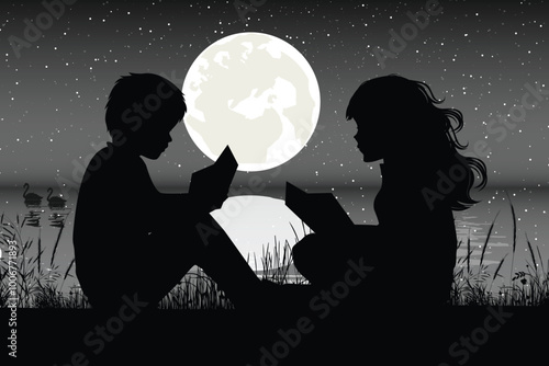 Cute Child and Moon Silhouette