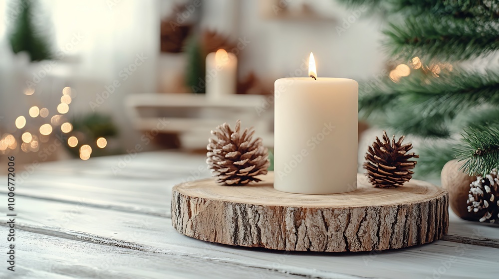 A burning white candle with pine cones on a wooden slice, with a blurred Christmas tree and lights in the background. A burning white candle with pine cones on a wooden slice, with a blurred Christmas tree and lights in the background.
