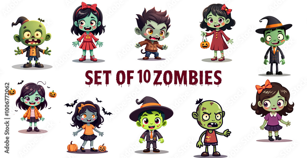 Fototapeta premium collection of 10 zombie illustrations isolated with no background. Cute female and male green monsters in cartoon style