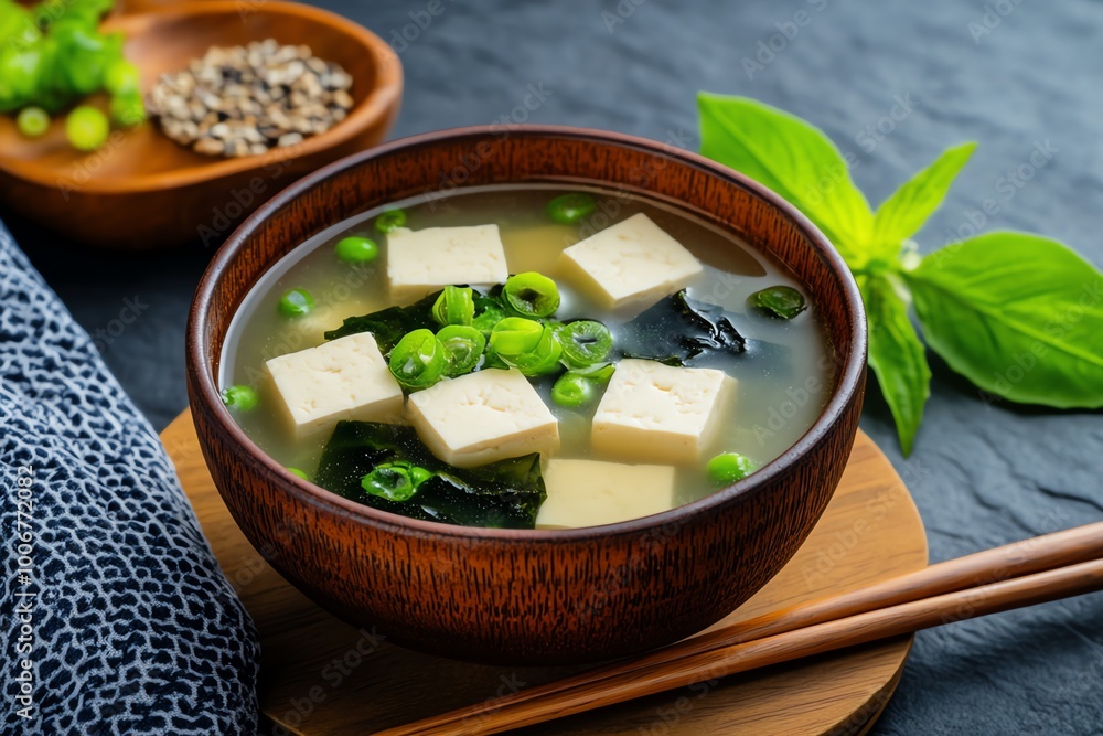 A classic vegetarian miso soup, with tofu and seaweed floating in a rich, flavorful broth, served in a traditional Japanese bowl.