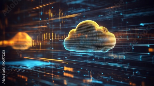 This digital artwork portrays cloud technology through a futuristic design with glowing data streams and intricate network patterns.