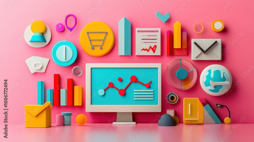 Digital Marketing Elements Composition with Charts and Icons in Vibrant Pastel Colors Digital Marketing Elements Composition with Charts and Icons in Vibrant Pastel Colors