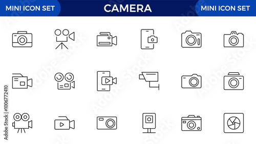 Camera line icon collection. Photography, video, shooting, camera lens, tripod, studio, action camera and camera and equipment line icon set