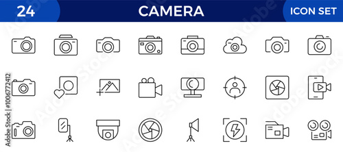 Camera line icon collection. Photography, video, shooting, camera lens, tripod, studio, action camera and camera and equipment line icon set