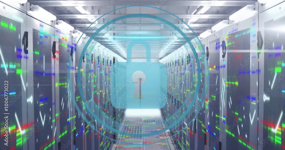 Fototapeta premium Image of padlock icon and digital data processing over computer servers