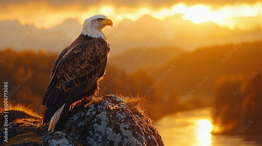 Fototapeta premium Majestic Bald Eagle Perched on Rock at Sunset