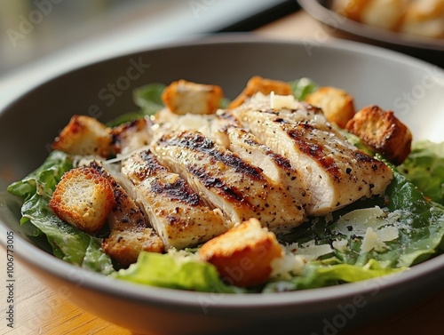 A delicious grilled chicken salad garnished with croutons and sprinkled with parmesan cheese, perfect for health-focused menus, recipe blogs, or culinary magazines,