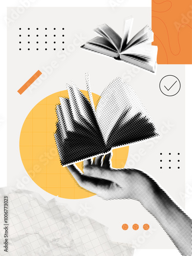 Trendy Halftone Collage Study and education concept. Hand with floating books. Human desire for knowledge. Smart thinking and brainstorming. Vertical poster. Contemporary vector illustration art