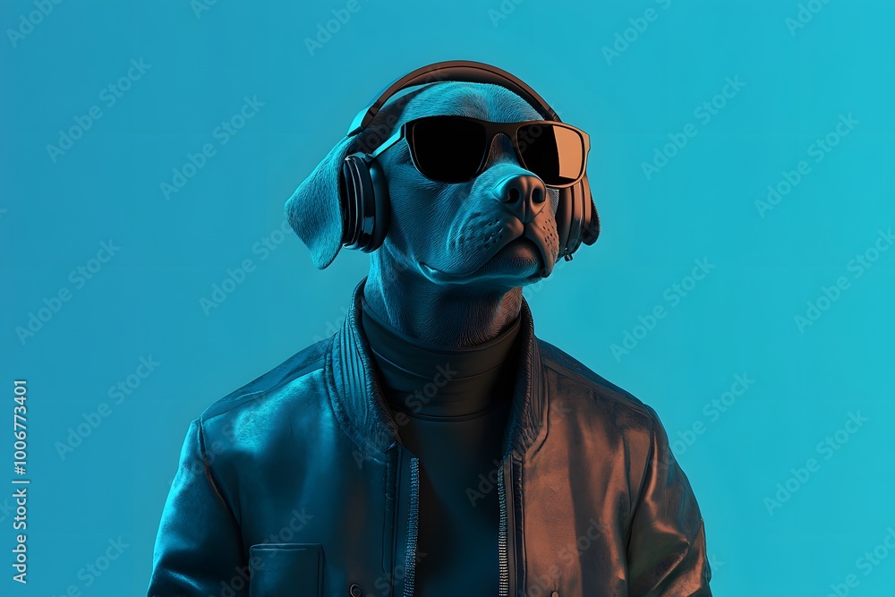 3D illustration of a cool pitbull dog wearing headphones, black sunglasses and black jacket, blue background 3D illustration of a cool pitbull dog wearing headphones, black sunglasses and black jacket, blue background
