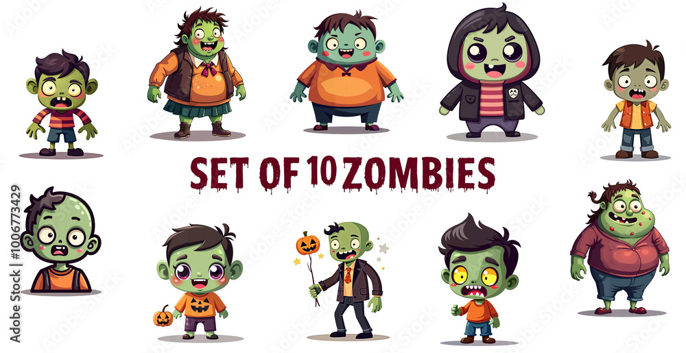 Obraz premium collection of 10 zombie illustrations isolated with no background. Cute female and male green monsters in cartoon style