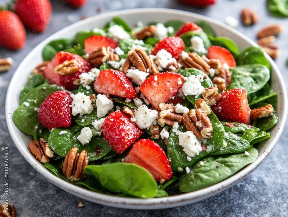 A fresh spinach salad topped with strawberries, pecans, and feta cheese, perfect for health-focused recipes, food blogs, or nutrition-related content A fresh spinach salad topped with strawberries, pecans, and feta cheese, perfect for health-focused recipes, food blogs, or nutrition-related content