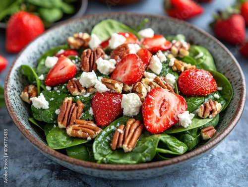 Fresh spinach salad topped with strawberries, nuts, and feta cheese, perfect for healthy meal inspiration, recipes, or nutrition blogs, Ideal for food-related marketing or culinary publications,