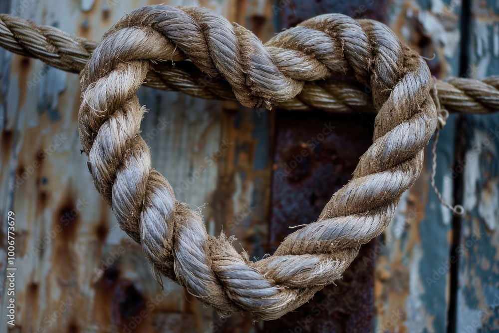 A heart-shaped rope hangs from a wooden door, perfect for decorative or romantic uses A heart-shaped rope hangs from a wooden door, perfect for decorative or romantic uses