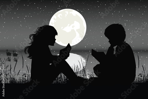 Cute Child and Moon Silhouette