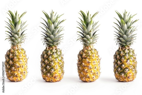 A row of pineapples arranged on a white surface