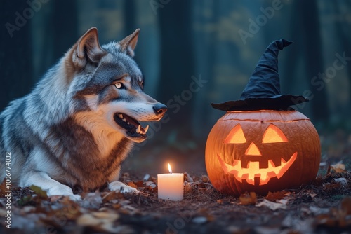 Wolf & Jack-o'-lantern Halloween: A majestic wolf peers curiously at a jack-o'-lantern adorned with a witch's hat, the flickering candlelight casting eerie shadows in the autumnal forest.   photo