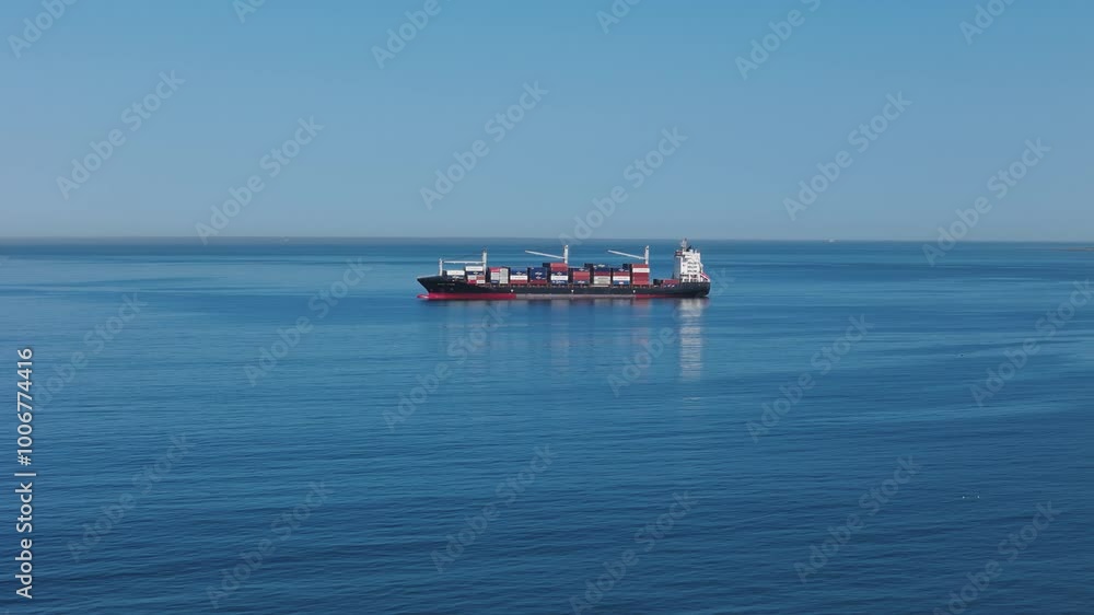 Cinematic drone clip of a container ship floating on beautiful calm blue ocean Cinematic drone clip of a container ship floating on beautiful calm blue ocean