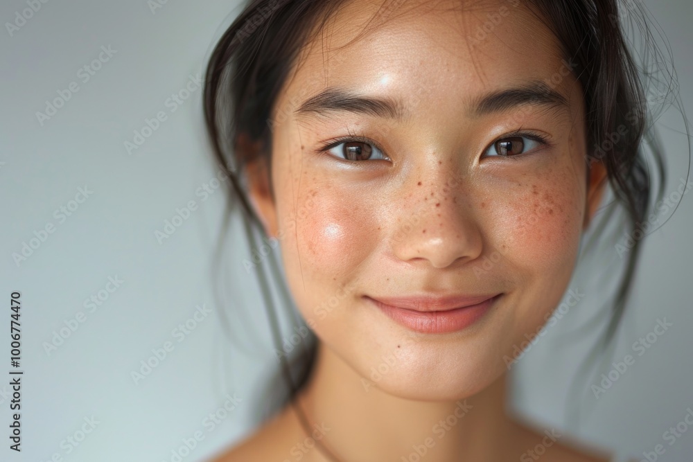 Close-up portrait of a woman with distinctive freckles, suitable for use in personal or editorial projects Close-up portrait of a woman with distinctive freckles, suitable for use in personal or editorial projects