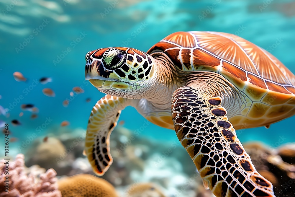A close-up of a turtle swimming gracefully through the ocean, surrounded by coral and small fish, highlighting the harmony of marine life in nature.