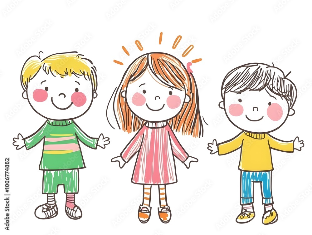 Three happy children smiling and standing together, a young girl in the middle with a bright yellow halo above her head. Three happy children smiling and standing together, a young girl in the middle with a bright yellow halo above her head.