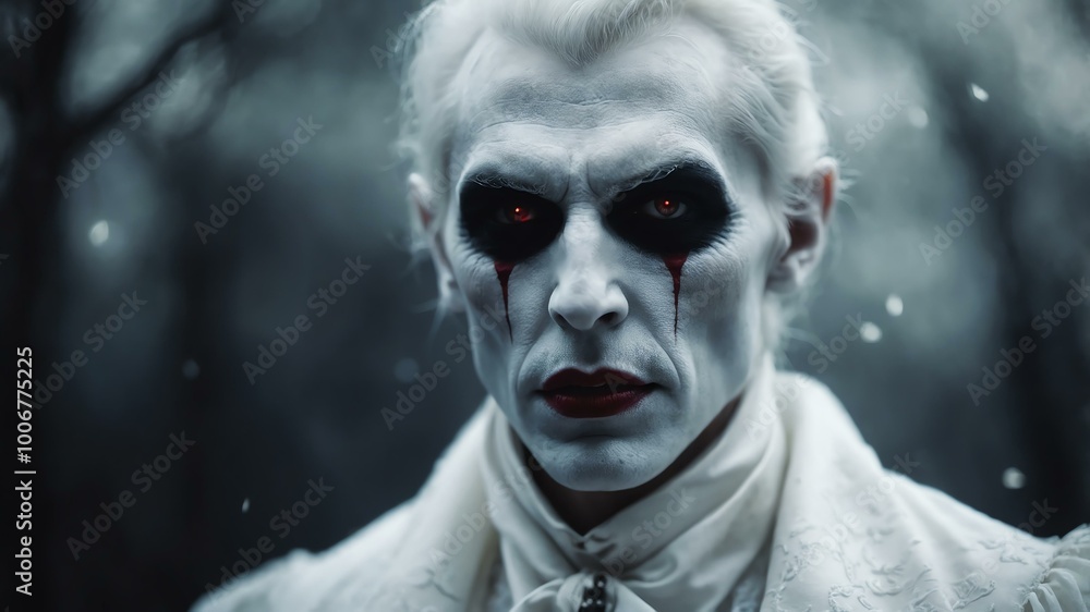abstract eerie glowing white closeup of a Halloween vampire on misty background, bokeh background abstract eerie glowing white closeup of a Halloween vampire on misty background, bokeh background