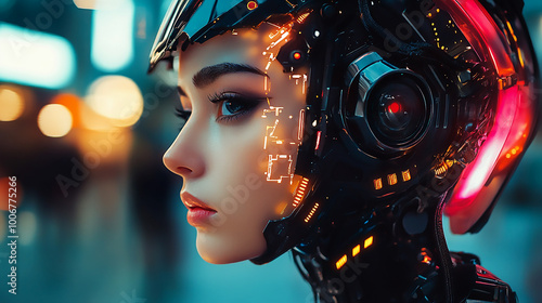 Cyborg Feminine The Future of AI Against a Blur Background. Generative AI