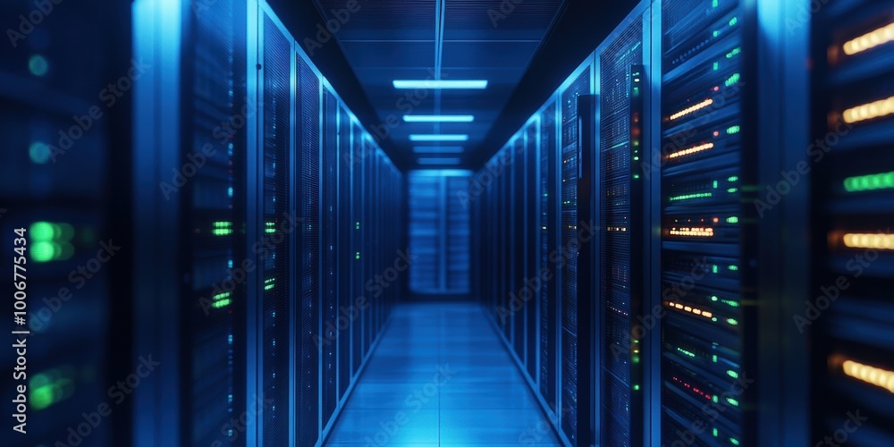 A high-tech data center corridor illuminated with blue and green lights, showcasing rows of server racks during the nighttime hours, highlighting advanced technology and digital infrastructure A high-tech data center corridor illuminated with blue and green lights, showcasing rows of server racks during the nighttime hours, highlighting advanced technology and digital infrastructure