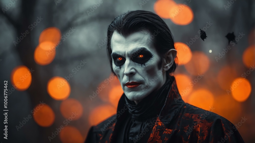 abstract eerie glowing orange closeup of a Halloween vampire on misty background, bokeh background abstract eerie glowing orange closeup of a Halloween vampire on misty background, bokeh background