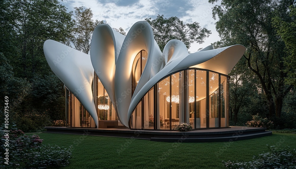 Naklejka premium Modern, white, flowing, curved, glass, and concrete home in a forest setting with large windows.