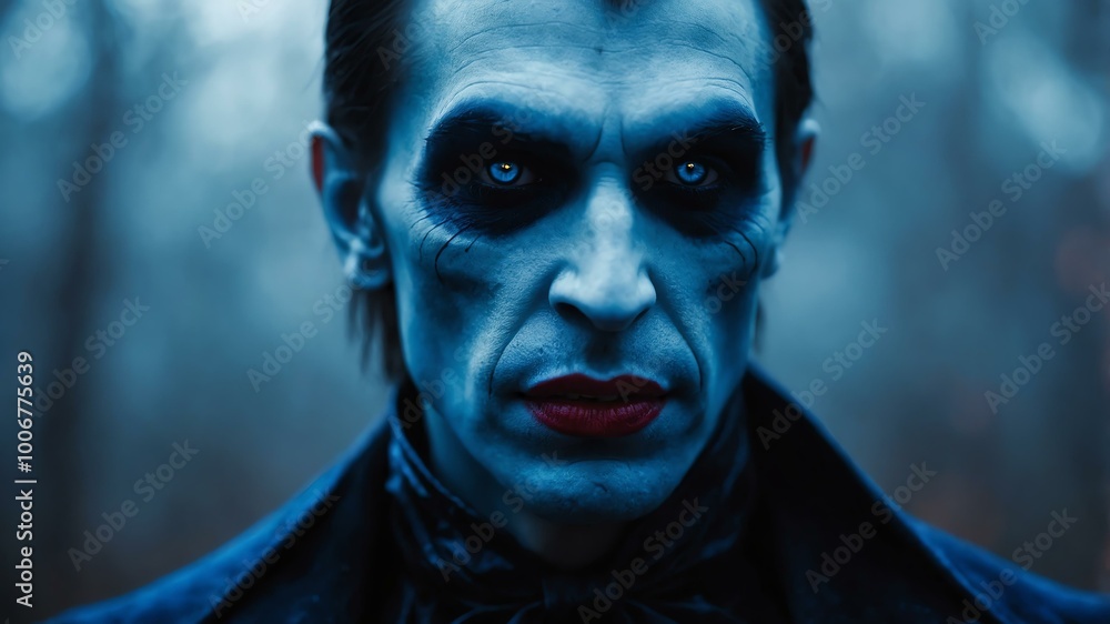 abstract eerie glowing blue closeup of a Halloween vampire on misty background, bokeh background abstract eerie glowing blue closeup of a Halloween vampire on misty background, bokeh background