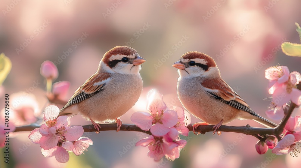 Small funny sparrow chicks in a garden surrounded by pink apple blossoms on a sunny day, highlighting nature and cuteness. Small funny sparrow chicks in a garden surrounded by pink apple blossoms on a sunny day, highlighting nature and cuteness.