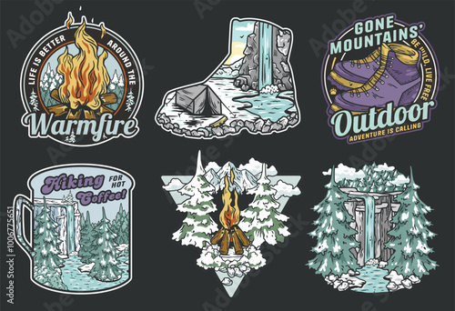 Set of vintage colorful badges with snowy forest landscapes, bonfire, hiking boots and waterfall for winter camping adventure club