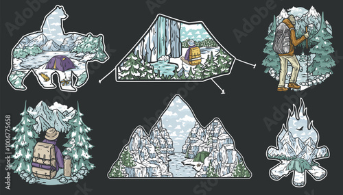 Six colorful illustrations of hikers and campers exploring snowy mountains and forests, immersed in outdoor activities like hiking and camping
