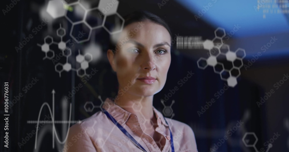 Image of data processing and chemical formula over caucasian businesswoman in server room Image of data processing and chemical formula over caucasian businesswoman in server room