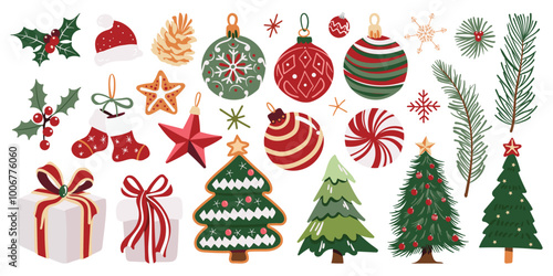 Set of isolated Christmas and New Year party decoration ornaments in cute doodle hand-drawn graphic illustration style on a transparent background. Red and green color tone. Volume 1.