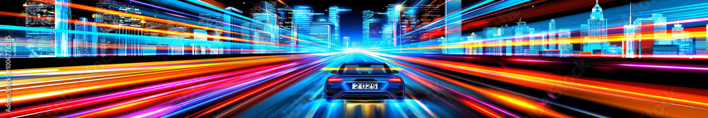 Futuristic Cityscape with Speeding Car in Neon Lights with number plate 2025, New Year celebration 2025 Futuristic Cityscape with Speeding Car in Neon Lights with number plate 2025, New Year celebration 2025