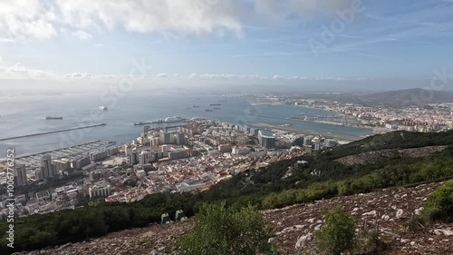 View from the Rock of Gibraltar over the city skyline and atlantic ocean strait