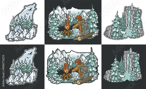 Set of vintage monochrome illustrations with snowy forest landscapes, mountains, howling wolf silhouette, traveler sitting near campfire and waterfall flowing from rocky cliff