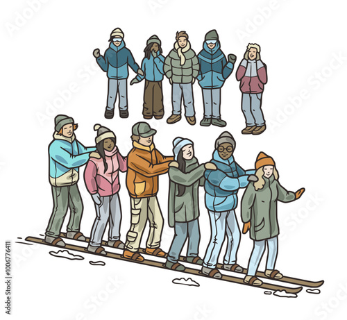 Group of friends is having fun skiing down a snowy slope, while another group poses for a picture, enjoying their winter holidays