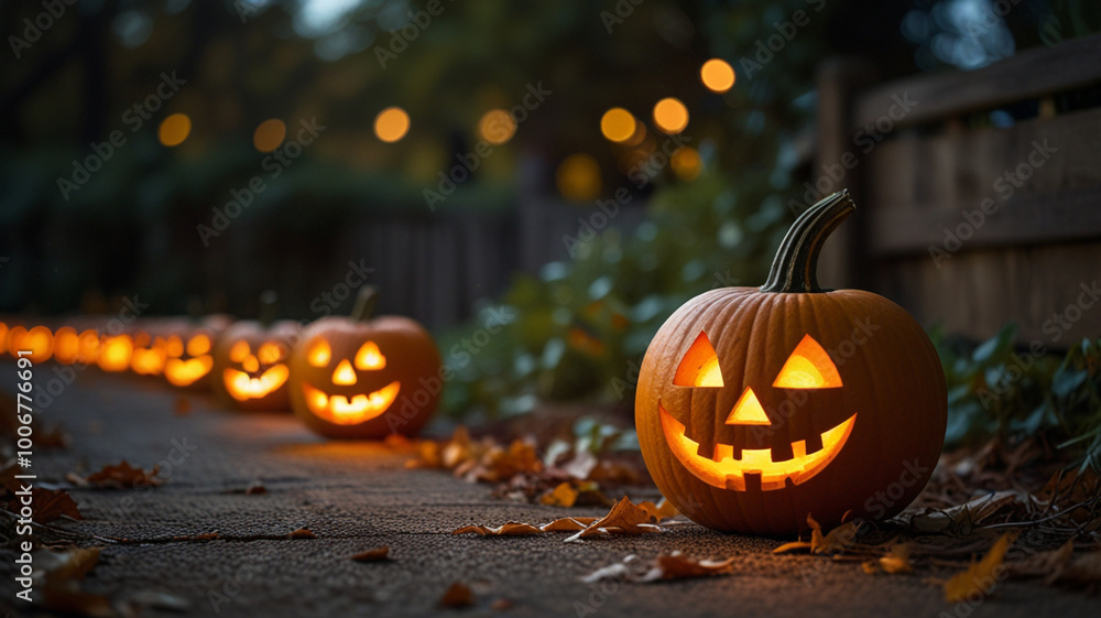 Spooky Jack-o'-Lanterns Light Up Autumn Pathway Spooky Jack-o'-Lanterns Light Up Autumn Pathway